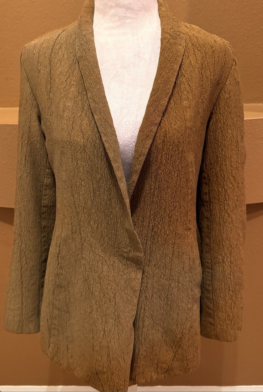 Eileen Fisher Textured Thin Blazer Women’s Gold Crinkled Wool Blend Size S